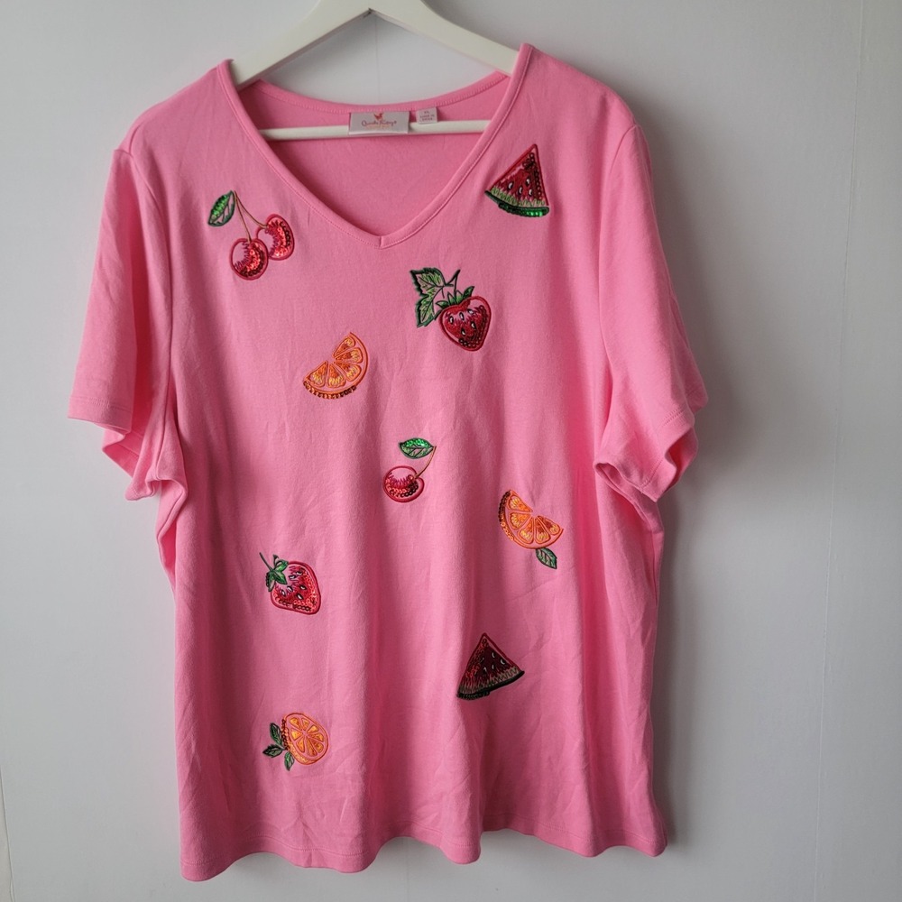Quacker Factory women's Summer Doodles Sequin and Embroidery V-Neck Top size XL